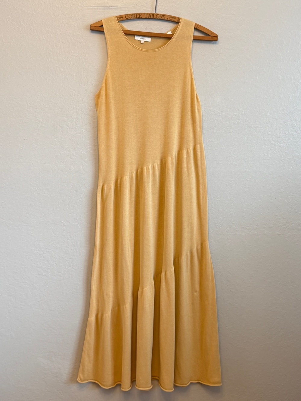 Vince Sesame Yellow Tan Tiered Cotton Knit Tank Midi Dress S Asymmetric Sz S